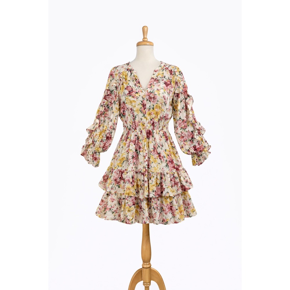 Umgee Floral Mini Dress L‎ Pink Yellow Ruffle Tiered Boho Cottagecore Festival